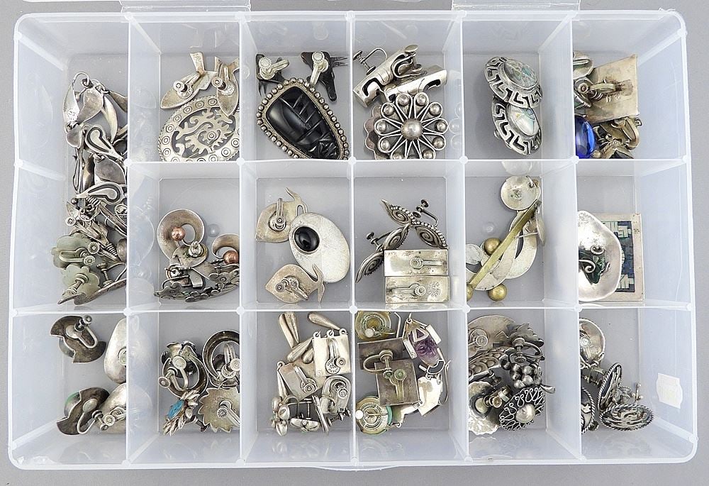 Collection of Mexican Sterling Silver & Stone Inset Earrings & Brooches, TW Approx. 375g. (1 of 3)