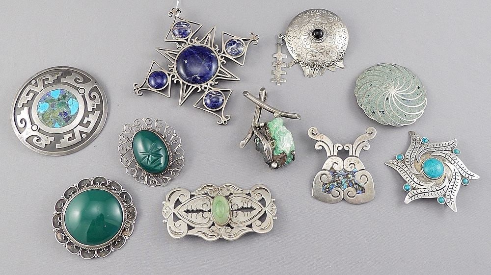 Collection of Ten Mexican Sterling Silver "Stone Inset" Brooches, 2 - 3 1/2"L, 183g. (1 of 2)