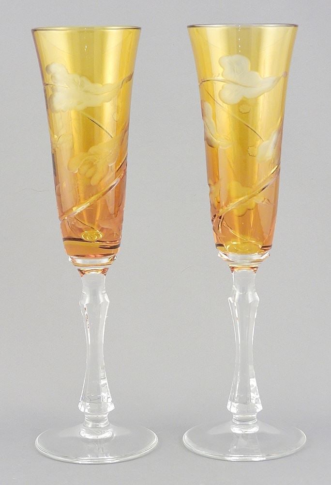 Pair of Varga Hungary Engraved Overlay Crystal Champagne Flutes, 8 7/8"h. (1 of 2)