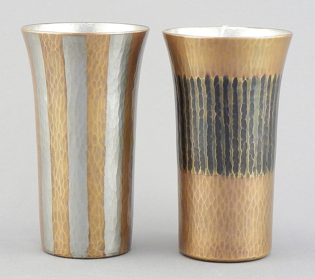 Pair of Gyokusendo Japan Hammered Copper Cups, 3 7/8"h, 312g. (1 of 3)