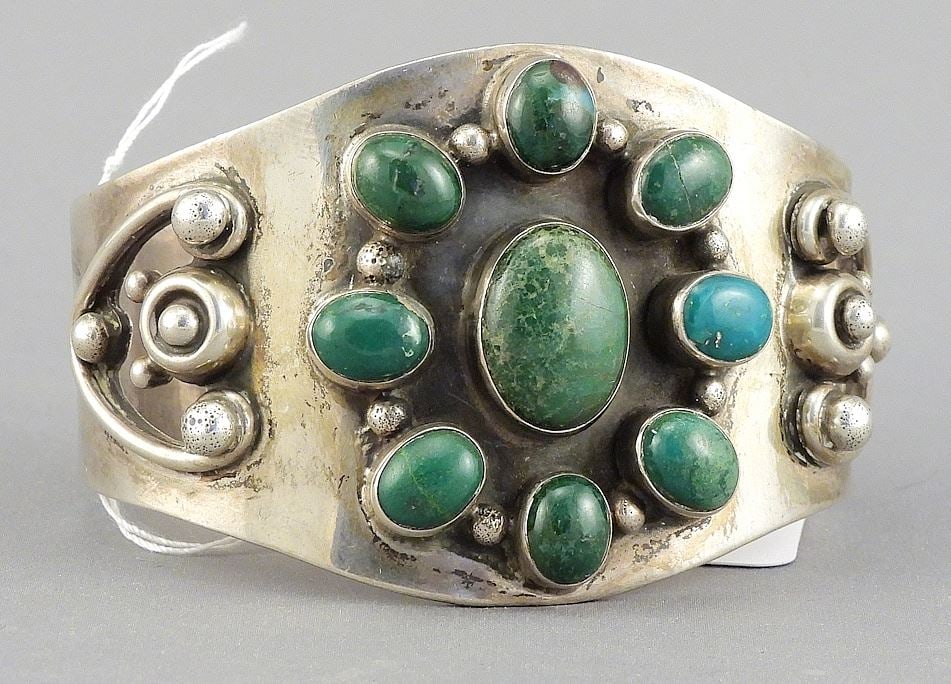 Mexican Sterling Silver Turquoise Inset Cuff Bracelet, 2 3/4"w, 108g. (1 of 3)