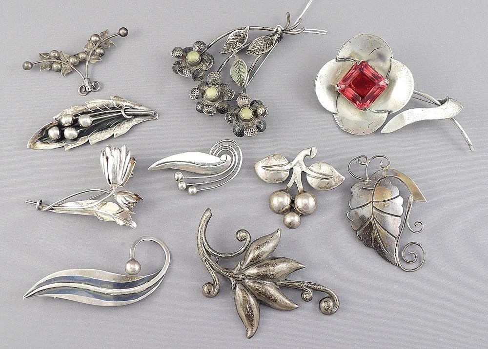 Collection of Mexican Sterling (marked) Leaf & Floral Brooches, 2 - 3 1/4"L, 145g. (1 of 2)