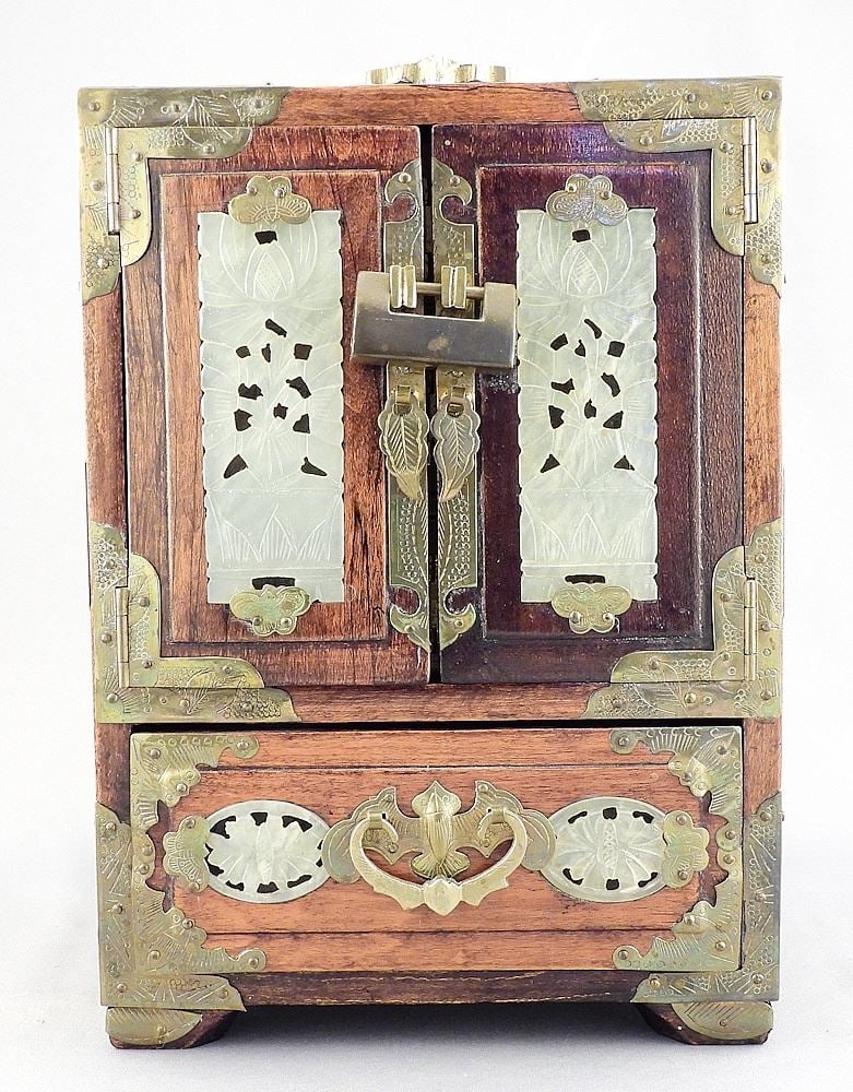 Chinese Brass & Hardstone Mounted Jewelry Box, 9 1/2 x 6 7/8 x 5 1/8". (1 of 4)