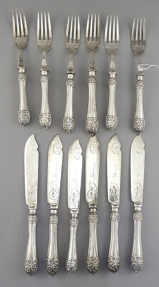 Settings for Six WRM & Co. Silver Plated Fish Knives & Forks, 7 1/8 - 8 1/8"L. (1 of 4)