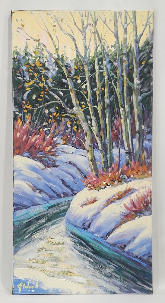 Oil on Canvas signed J. (James) Wood, 30 x 15" "Creekside Willows & Aspens". (1 of 4)