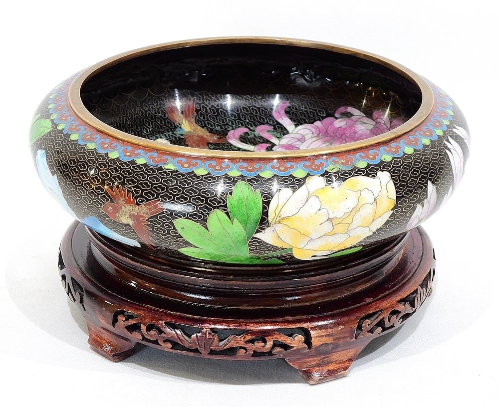 Chinese Cloisonne Low Bowl (3 1/8 x 10" diam) w/Stand, 2 1/8"h. (1 of 3)