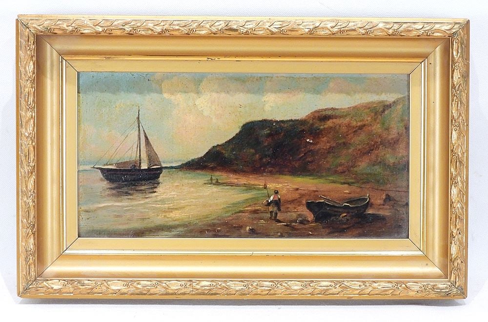 Mid 19th European School Oil on Board, 5 x 10" "Coastal View of Figure". (1 of 3)