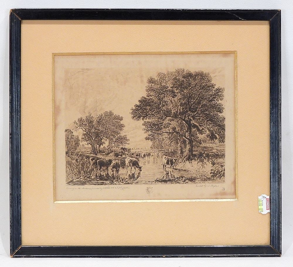 Etching After Lee & Cooper, 6 1/8 x 7 3/4" "Evening on The Meadows" (toning noted).: Etching After Lee & Cooper, 6 1/8 x 7 3/4" "Evening on The Meadows" (toning noted).
