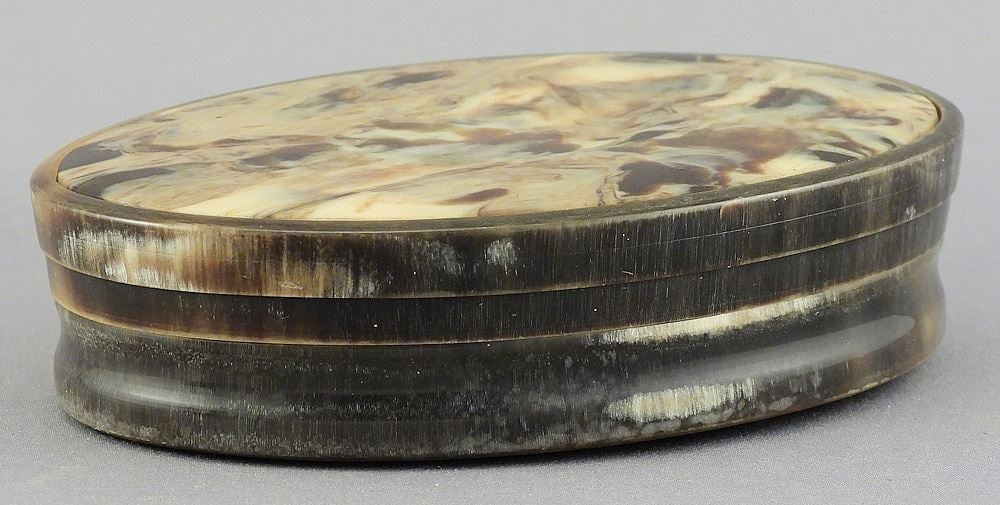 19th C. Oval Bovine Horn Snuff Box, 4"L. (1 of 4)