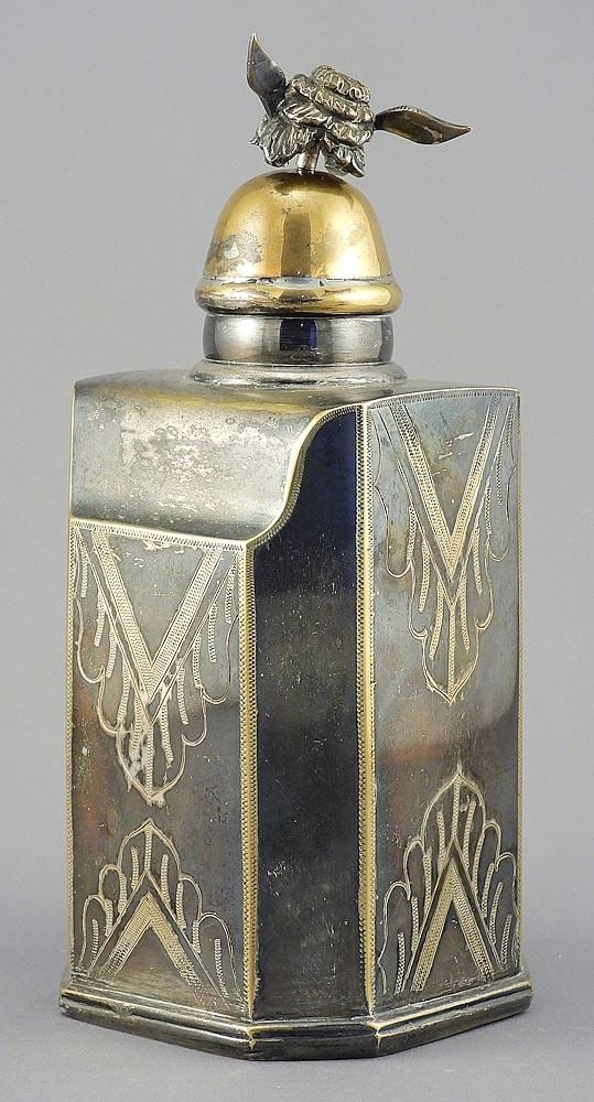 Continental Silver Plated Brass Tea Caddy w/ Screw Top, 7 1/4"h (finial loose). (1 of 3)