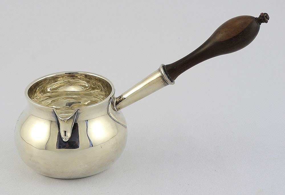 George I Silver Brandy Saucepan: John LeSage/London/1725, 7"L, TW 128 g. (1 of 5)