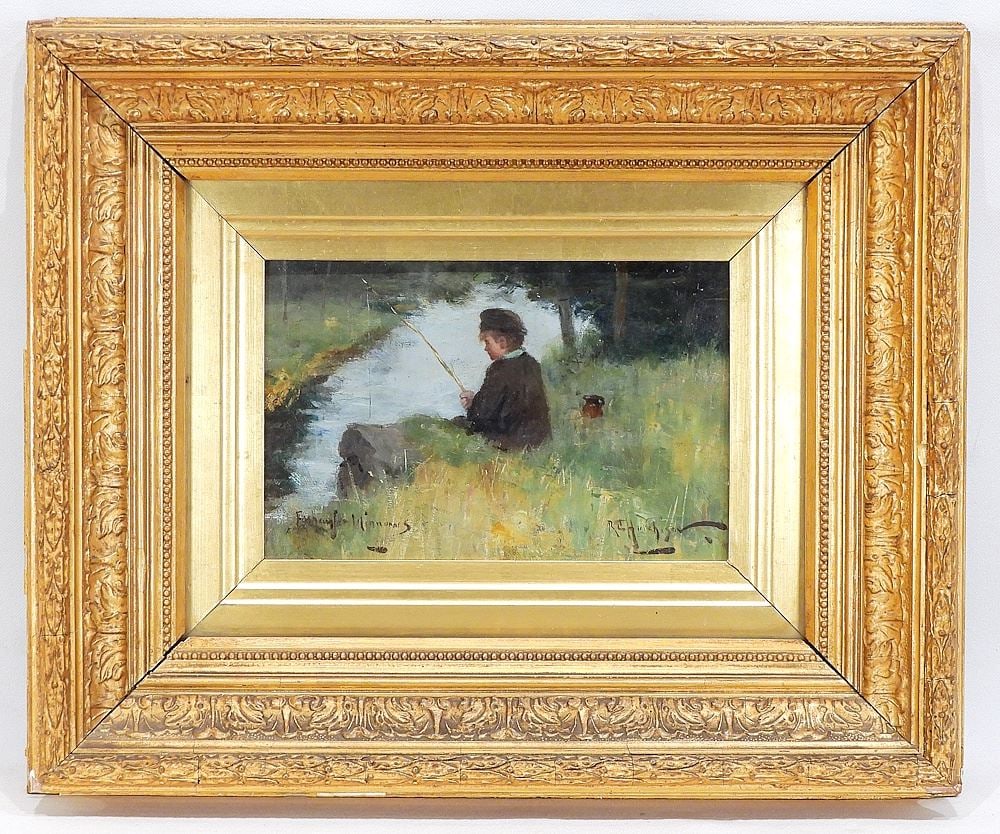 Oil on Canvas signed R.G. (Robert Gemmell) Hutchison, 6 x 9" "Fishing For Minnows".: Oil on Canvas signed R.G. (Robert Gemmell) Hutchison, 6 x 9" "Fishing For Minnows".