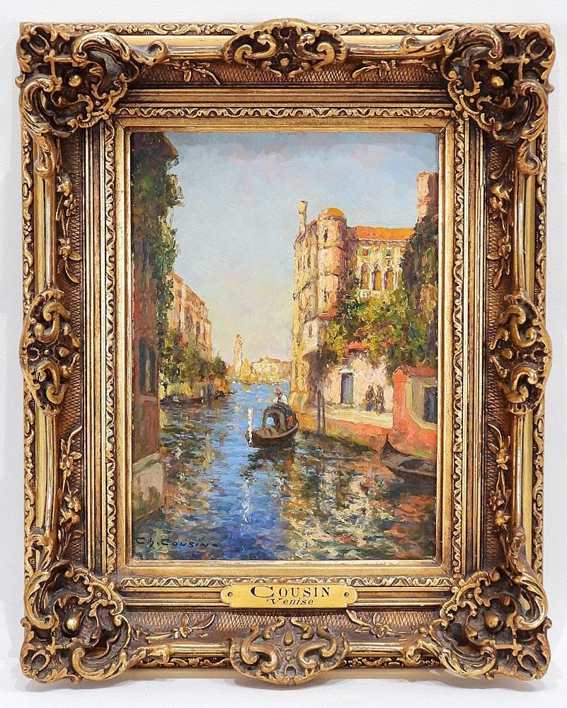 Oil on Panel signed Ch. (Charles) Cousins, 8 5/8 x 6 1/4" "Venise".: Oil on Panel signed Ch. (Charles) Cousins, 8 5/8 x 6 1/4" "Venise".