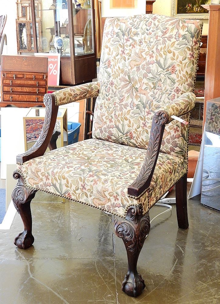 Georgian Ball & Claw Floor Carved Mahogany Open Armchair, 41 1/2 x 27 1/2 x 27 1/2".: Georgian Ball & Claw Floor Carved Mahogany Open Armchair, 41 1/2 x 27 1/2 x 27 1/2".