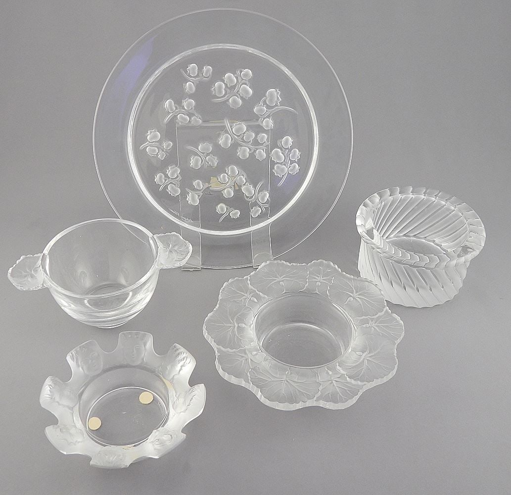 Five Lalique Dishes: Plate/2 Bowls/ 2 Ashtrays, signed, 4 3/8 - 8 1/2"w. (1 of 6)