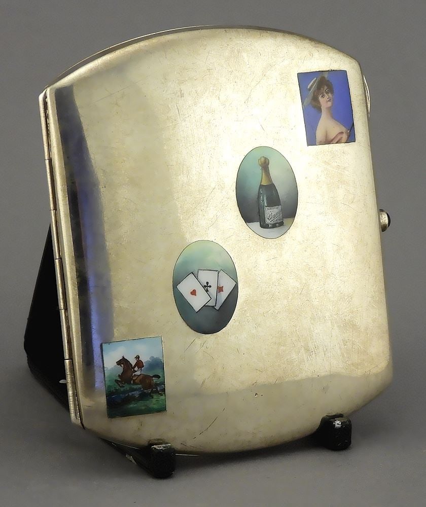 Austrian .800 Silver & Enamel "Four Vices" Cigarette Case, 3 5/8 x 3 x 3/8", 135g. (1 of 9)