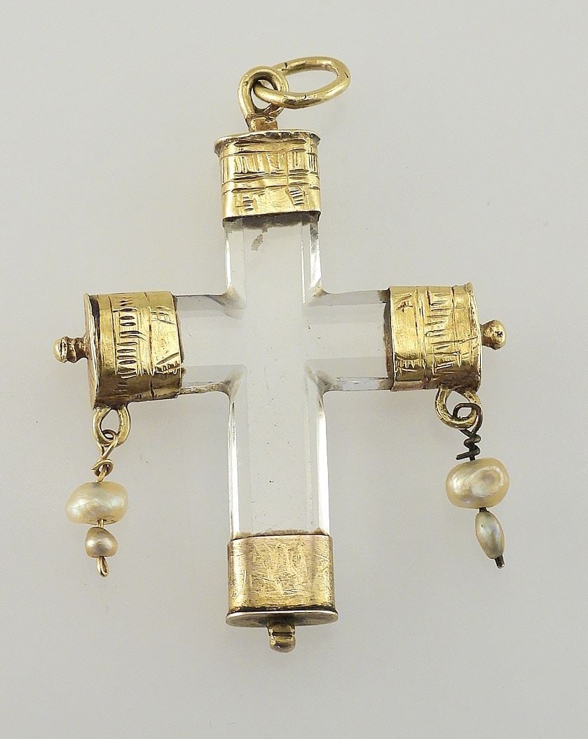 Likely 18th Century Carved 1 1/2" Rock Crystal Cross Pendant with 18K & 9K Mounts.: Likely 18th Century Carved 1 1/2" Rock Crystal Cross Pendant with 18K & 9K Mounts.