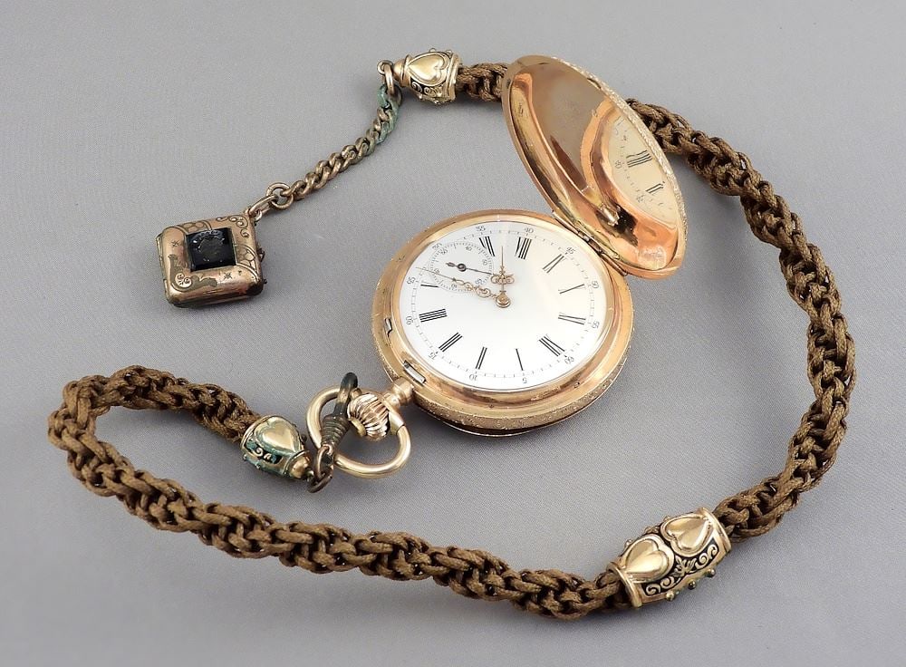 Chaton Spiral Breguet 14K (585) Pocket Watch w/Hair Fob & Gold Plated Features.: Chaton Spiral Breguet 14K (585) Pocket Watch w/Hair Fob & Gold Plated Features.