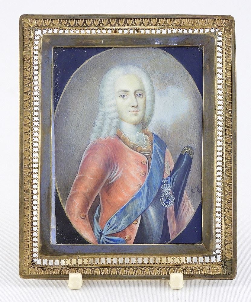 Miniature Portrait of Herzog Louis IV Henri de Bourbon Signed HM, 3 1/4" x 2 1/2". (1 of 5)