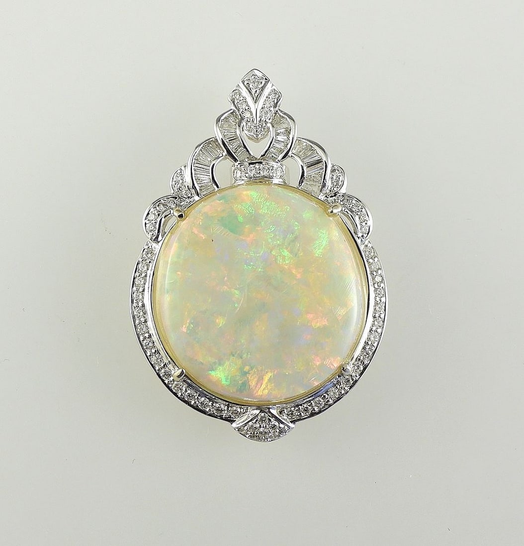 18K White Gold (tested) & 6.5ct Australian Black Opal Pendant, 1 1/2 "h, 7.76g (with appraisal): 18K White Gold (tested) & 6.5ct Australian Black Opal Pendant, 1 1/2 "h, 7.76g (with appraisal)