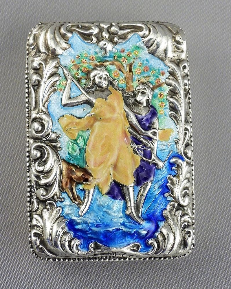 Antique Silver/Enamel Figural Pill Box, 2 1/4 x 1 5/8 x 3/8", 43g. (1 of 7)