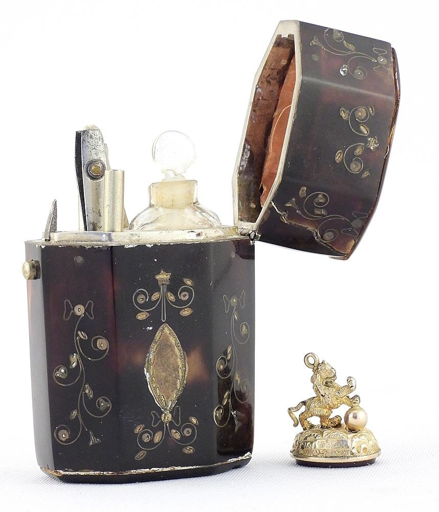 18th C. Tortoiseshell Etui & Gilt Flashed Fob, 2 3/8 & 3/4"h, CANADIAN BIDDERS ONLY. (1 of 6)