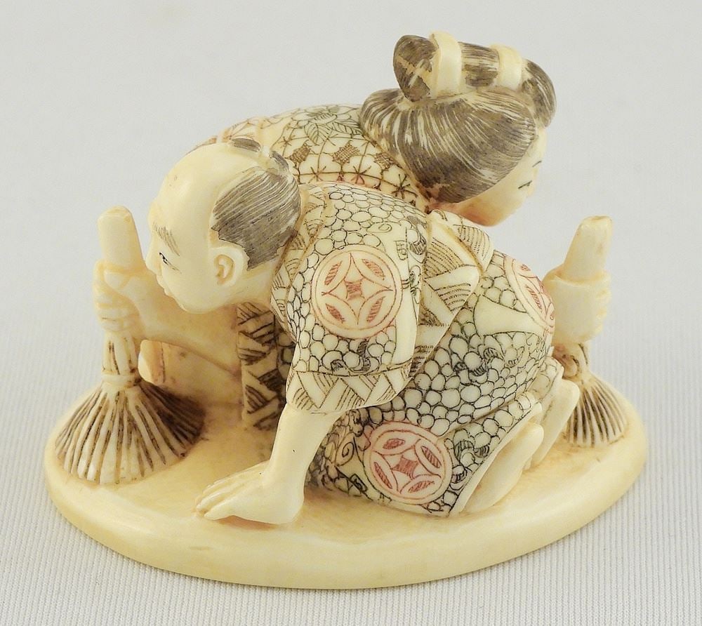 Japanese Netsuke: Floor Sweepers, 1 5/8 x 2 1/8 x 1 3/4", CANADIAN BIDDERS ONLY. (1 of 5)
