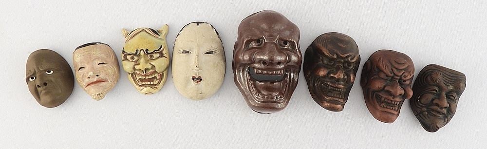 Collection of Japanese Mask Netsukes: Gofun/Ceramic/Wood, 3 signed, 1 1/2 - 2 5/8"h.: Collection of Japanese Mask Netsukes: Gofun/Ceramic/Wood, 3 signed, 1 1/2 - 2 5/8"h.