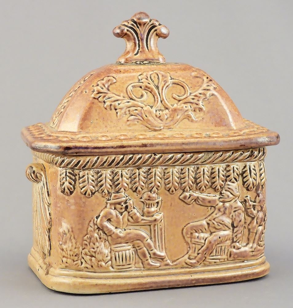 Late 18th C. Nottingham Salt Glazed Stoneware Tobacco/Salt Box, 5 3/8 x 5 1/8 x 3 1/2". (1 of 8)