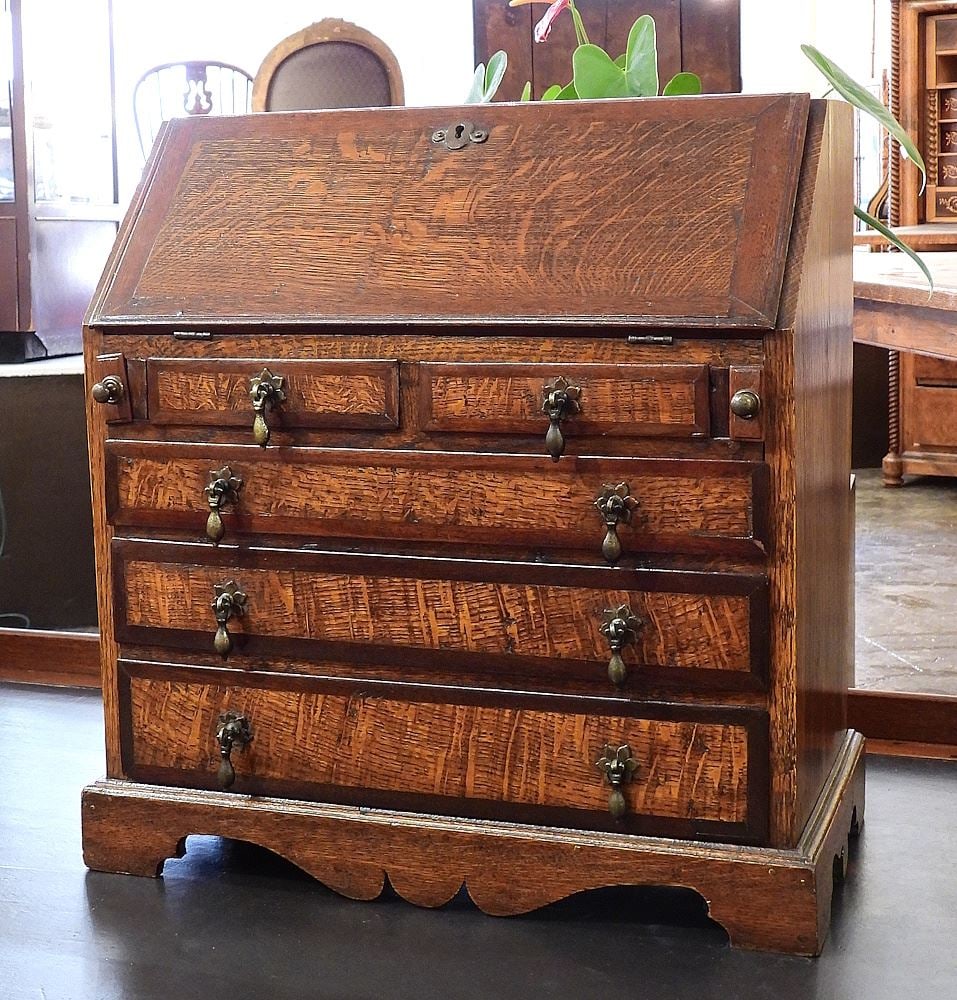 Early 19th C. Banded Oak Miniature Bureau, 19 1/2 x 19 1/4 x 10".: Early 19th C. Banded Oak Miniature Bureau, 19 1/2 x 19 1/4 x 10".