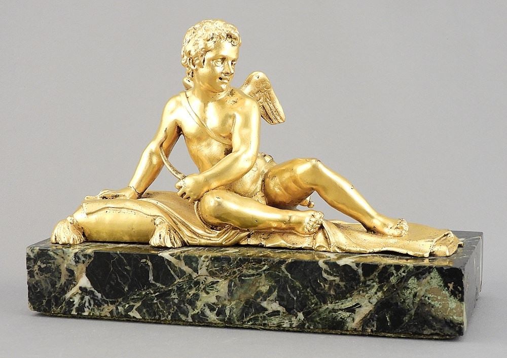 Gilt Bronze Figure of a Putto, 4 7/8 x 7 5/8 x 3 1/2".: Gilt Bronze Figure of a Putto, 4 7/8 x 7 5/8 x 3 1/2".