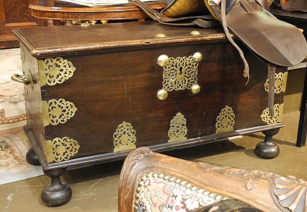 18th C. Dutch Colonial Brass Mounted Chest Raised on Feet, 29 x 52 x 24". (1 of 2)