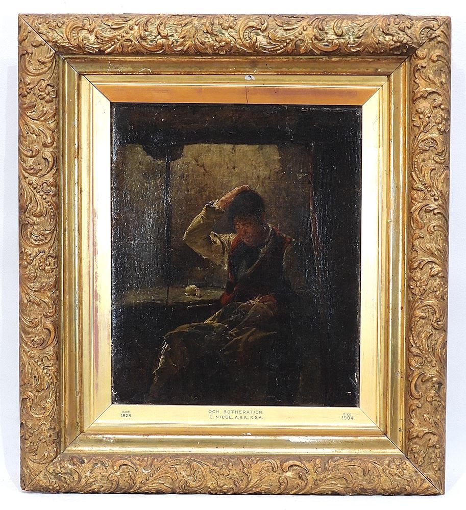 Oil on Canvas Attributed to E. Nicol ARA/ASA, 12 3/4 x 10 1/2" "Och Botheration...".: Oil on Canvas Attributed to E. Nicol ARA/ASA, 12 3/4 x 10 1/2" "Och Botheration...".