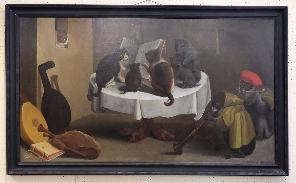 17th C. Style Oil on Canvas After Tesiers, 42 x 73" "The Concert of Cats". (1 of 6)