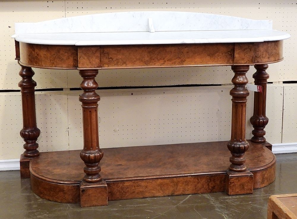 Victorian Burr Walnut Marble Top Pier Table, 54 1/4"L. (1 of 3)