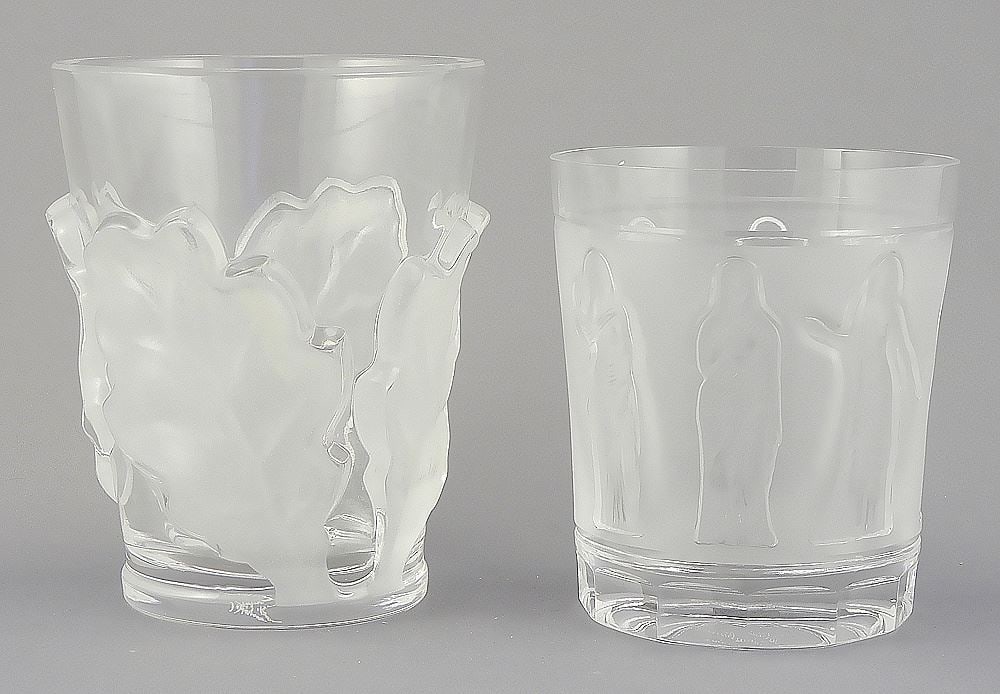 Two Lalique Glasses: "Chene" & "Femmes Antiques", signed, 4 3/4 & 4"h. (1 of 6)