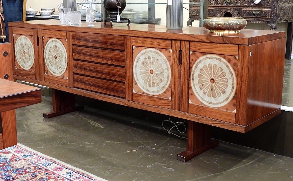 Mid Century Tile Inset Rosewood Sideboard, 84"L. (1 of 3)