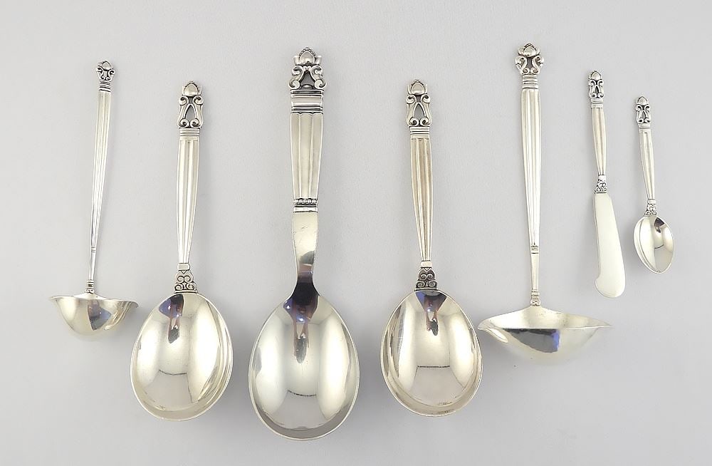 Set of Georg Jensen Denmark "Acorn" Sterling Silver Flatware, Solid Appr 2559g. Loaded 2565g. - 6