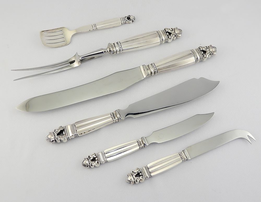 Set of Georg Jensen Denmark "Acorn" Sterling Silver Flatware, Solid Appr 2559g. Loaded 2565g. - 7
