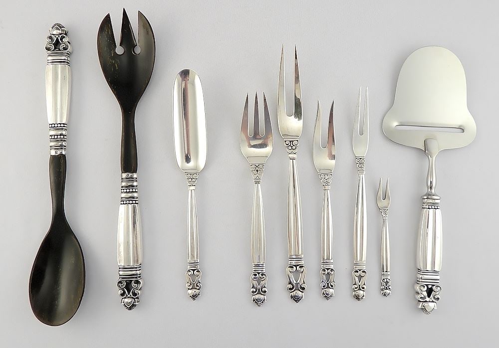 Set of Georg Jensen Denmark "Acorn" Sterling Silver Flatware, Solid Appr 2559g. Loaded 2565g. - 8