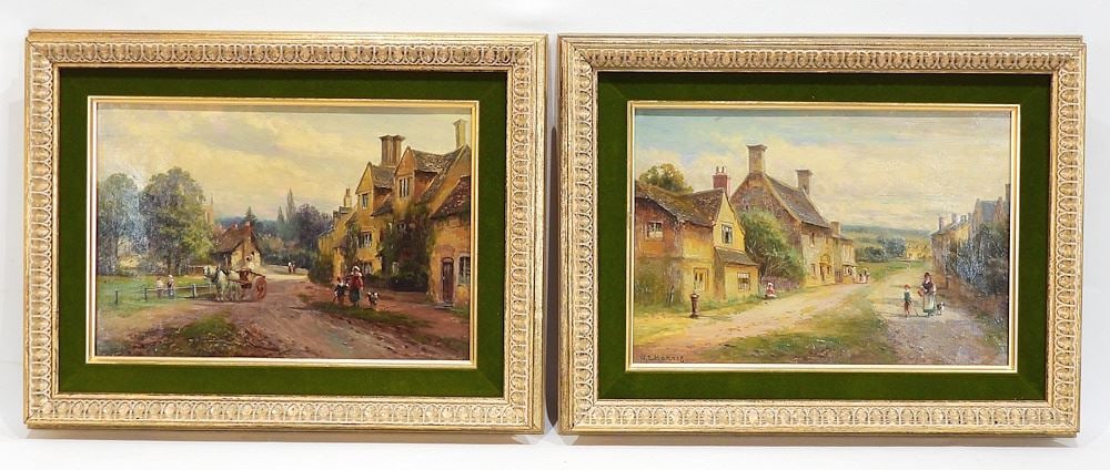 Pair of Oil on Canvas signed W. (William) E. Harris, 9 x 13" "Figures Strolling...". (1 of 11)