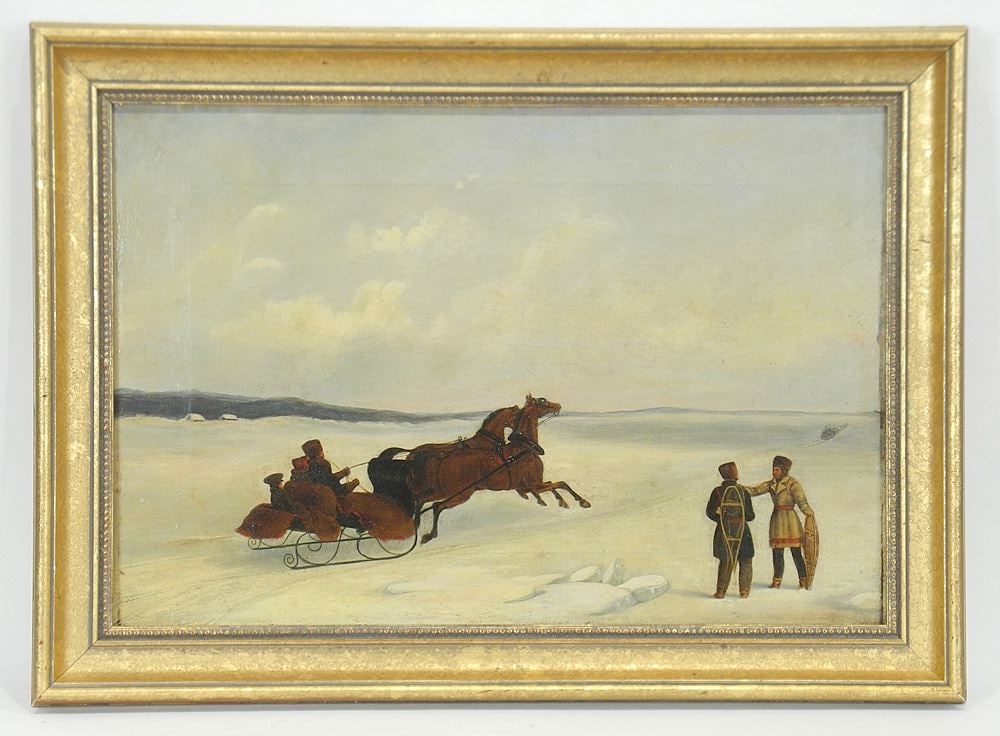 Oil on Canvas in Manner of Cornelius Kreighoff, 14 x 20 1/2", "Sleigh Crossing The Ice".: Oil on Canvas in Manner of Cornelius Kreighoff, 14 x 20 1/2", "Sleigh Crossing The Ice".