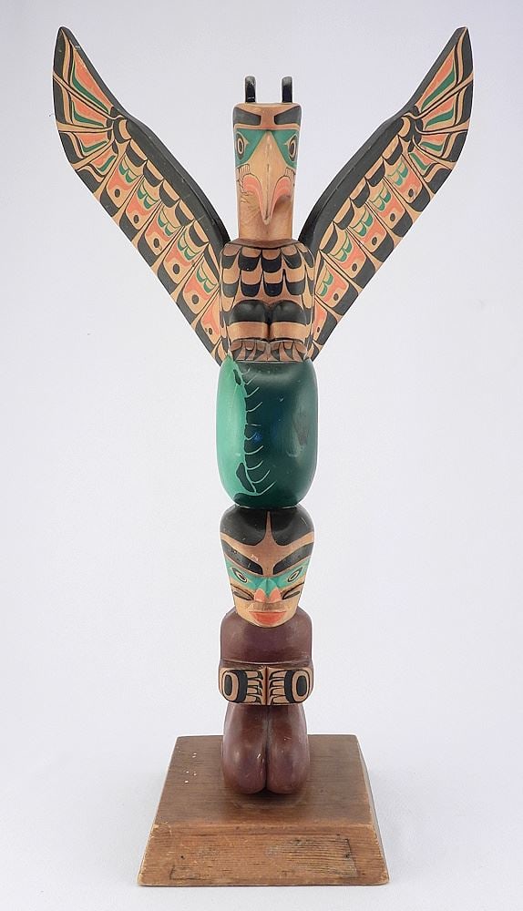 Kwagiulth Model Totem Pole signed Ellen Neel 1960, 20 5/8 x 11 1/2 x 7". (1 of 6)