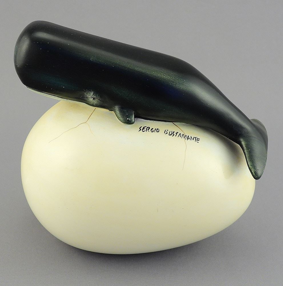 Sculpture signed Sergio Bustamante, 5 1/4"L "Whale & Egg". (1 of 6)