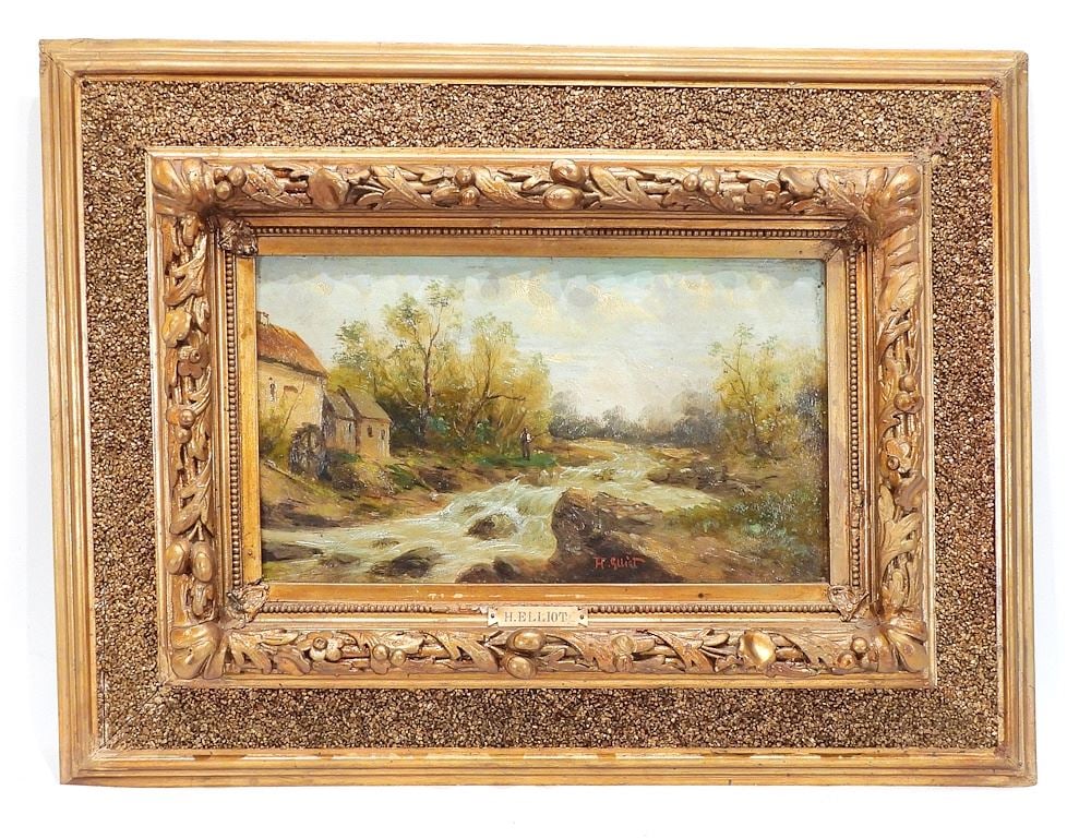 Oil on Board signed H. Elliot, 7 x 12 1/4" "Figure Fishing Near Mill". (1 of 11)