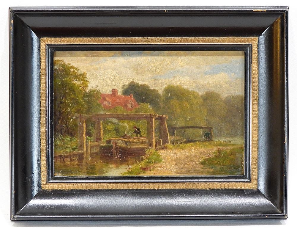 Oil on Board signed Thos. (Thomas) Pyne, 5 7/8 x 9" "Locks on the River Stair". (1 of 6)