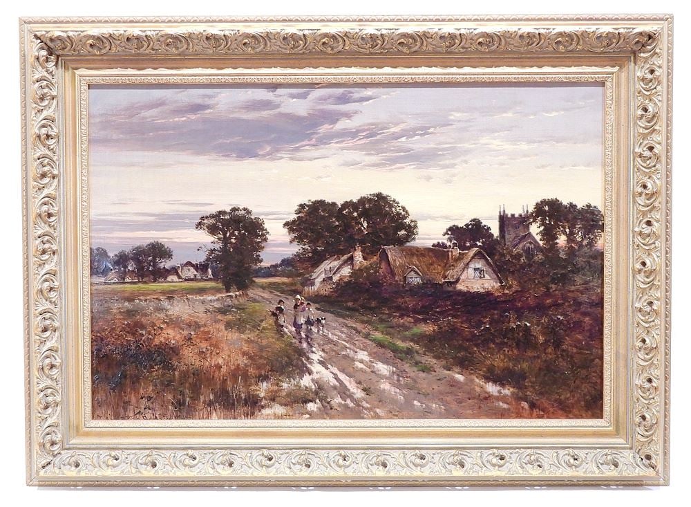 Oil on Canvas signed William E. Harris 1904, 20 x 30" "Children & Dog Walking Roadway".: Oil on Canvas signed William E. Harris 1904, 20 x 30" "Children & Dog Walking Roadway".