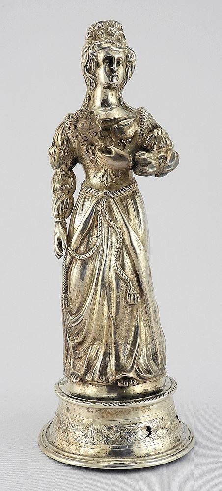 Portuguese Silver Figural Table Bell, 9 1/4"h, 326g (damage noted). (1 of 7)