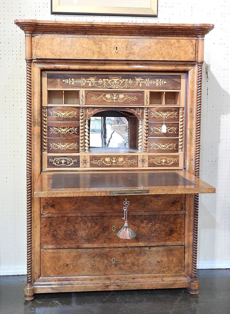 Northern European Burr Walnut Secretaire a Abattant with Marquetry Interior, 63 1/4x44 3/4x20 (1 of 6)