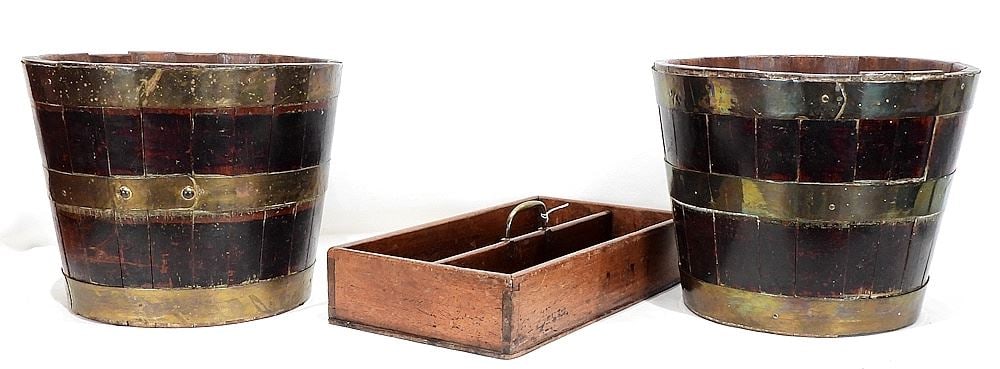 Pair of 19th C. Oak & Brass Peat Buckets (10 x 12 1/2" diam/losses noted) w/Oak Cutlery Tray. (1 of 7)